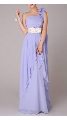 Flowered Single Shoulder Chiffon Dress Embellished With Sash Belt KSP081