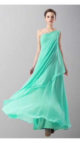 One Shoulder Long Aqua Chiffon Prom Dress KSP145