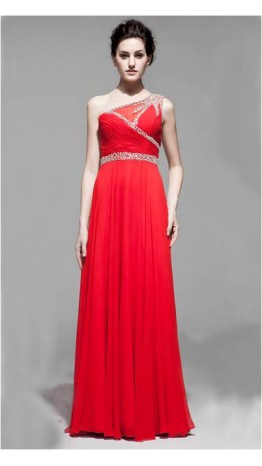 Vintage Beaded One Shoulder Red Long Prom Dresses KSP147