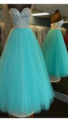 Sweetheart Teal Rhinestone Tulle Long Prom Gowns KSP248
