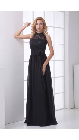 Halter Long Black Lace Formal Dress With Belt KSP212