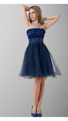 Strapless Blue Cheap Short Taffeta and Tulle Prom Dresses KSP299