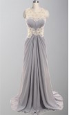 Round Gray Lace Flower Ruching Long Formal Dresses KSP304