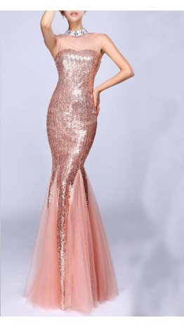 Pink Glitter High Neck Mermaid Long Prom Dress KSP354