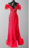 Feather Off Shoulder Neckline Appliqued Long Slit Prom Dresses KSP629