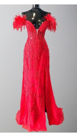 Feather Off Shoulder Neckline Appliqued Long Slit Prom Dresses KSP629