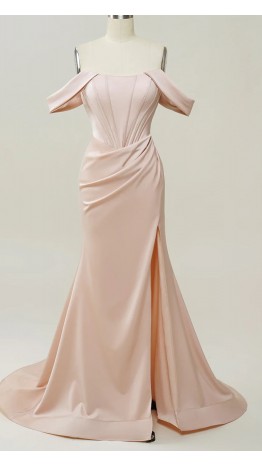 Blush Pink Off Shoulder Wrapped Trumpet Corset Prom Dresses Slit KSP633