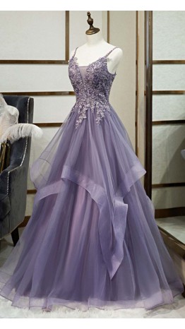 Long Appliqued Purple Prom Dresses with Spaghetti Straps KSP635