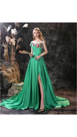 Asymmetric Flower Embroidery Ruched Satin Prom Gowns KSP637