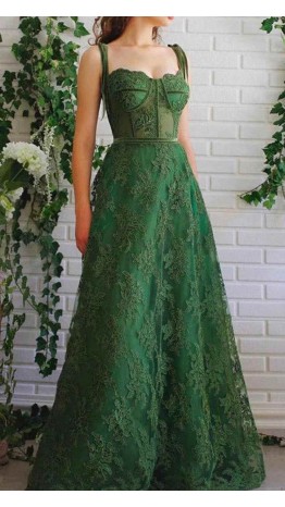 Retro Appliqued Corset Green Lace Prom Dresses with Straps KSP631