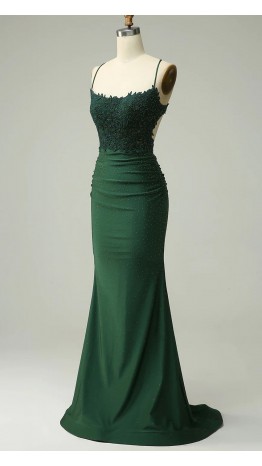 Shimmering Green Strappy Trumpet Ruched Prom Dresses  KSP646