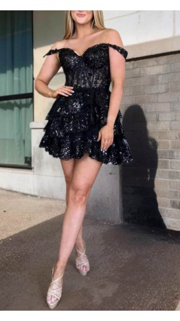 Sequined Tiered Lace Off Shoulder Short Corset Black Homecoming Dresses KSP651