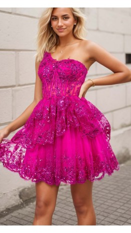 Sequined Tiered Lace One Shoulder Magenta Pink Short Graduation Dresses KSP652