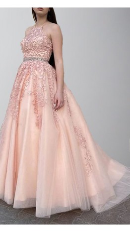 Rose Pink Appliqued Halter Tulle Prom Dress Strappy Back KSP648