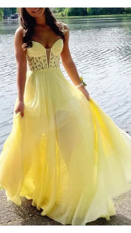 Plunging Sheer Lace Bodice Yellow Straps Prom Dresses KSP630