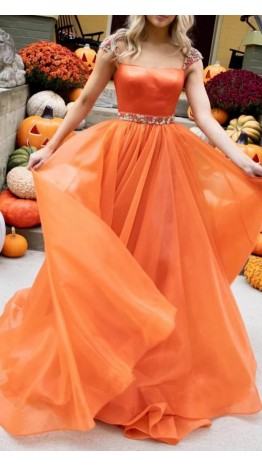 Beaded Cap Sleeves Long Orange Organza Prom Gowns KSP653