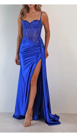 Electric Blue Sheer Corset Ruched Prom Dress with Slit KSP662