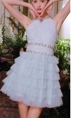 Floral Embellished Short Blue Tiered Graduation Dress KSP663