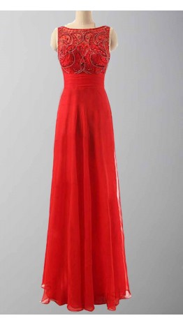 Red Jeweled High Neck Cinched Long Formal Dress KSP378