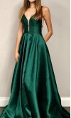 Cinched Emerald Green Satin Prom Gowns with Pocket KSP667