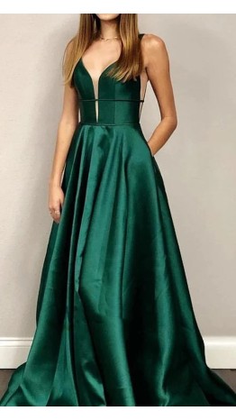 Cinched Emerald Green Satin Prom Gowns with Pocket KSP667