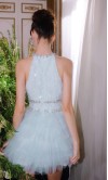 Floral Embellished Short Blue Tiered Graduation Dress KSP663
