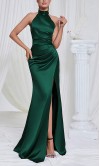 Dark Green Halter Sheath Ruched Long Bridesmaid Dresses KSP674