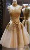 Golden Vintage Princess High Neck Short Prom Dresses KSP320