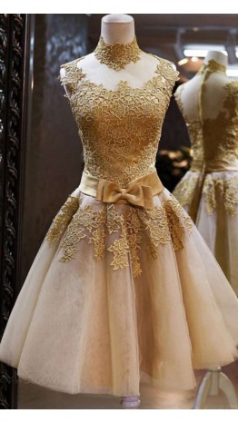 Golden Vintage Princess High Neck Short Prom Dresses KSP320