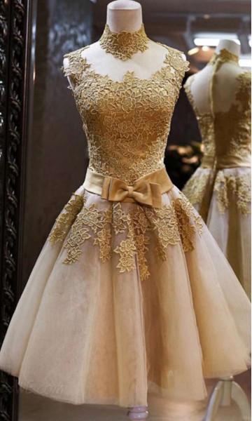Golden Vintage Princess High Neck Short Prom Dresses KSP320
