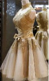 Golden Vintage Princess High Neck Short Prom Dresses KSP320