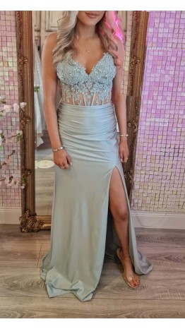 Sage Green Sheer Bodice Ruched Prom Dress with Slit KSP665