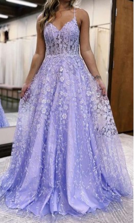 Light Purple Appliqued Sheer Corset Long Prom Gowns KSP6672