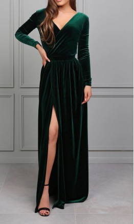 Emerald Green Velvet Drapped Long Sleeves Bridesmaid Dress with Slit KSP685