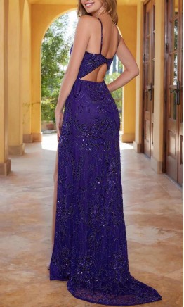 Sparkly Sequined Plunging Indigo Prom Dress With Cutout Back KSP678