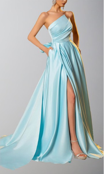 Light Blue Asymmetric Strapless Prom Ball Gowns with Pockets KSP687