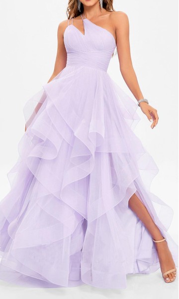 Lilac One Shoulder Keyhole Layered Tulle Prom Dress KSP677