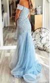 Light Blue Off The Shoulder Appliqued Mermaid Prom Dress Slit KSP688