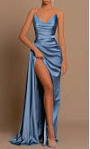 V-neck Powder Blue Satin Ruched Prom Dress With Thigh Slit KSP683