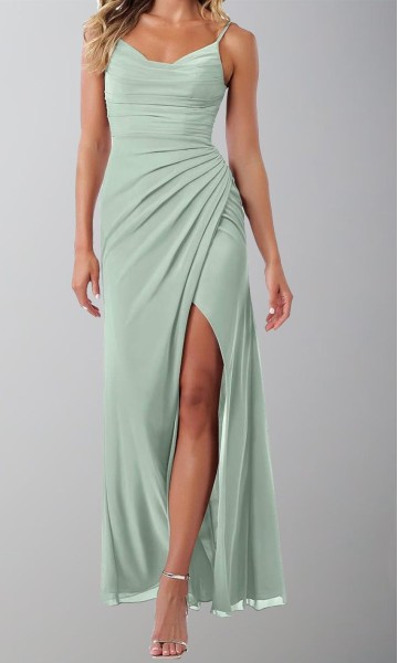 Sage Green Pleated Chiffon Maxi Bridesmaid Dress with Straps KSP684