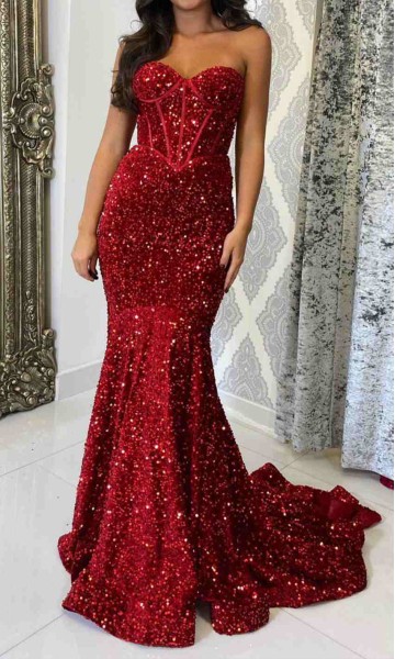 Sequined Red Bustier Mermaid Prom Dress UK Sweetheart KSP689