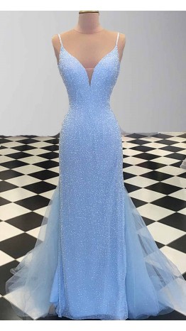Glitter Blue Tight Evening Prom Dresses with Fishtails KSP498