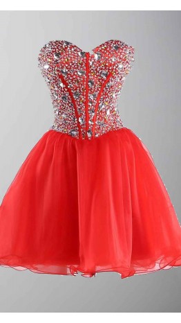Rhinestone Sweetheart Bodice Short Red Prom Dresses UK KSP403