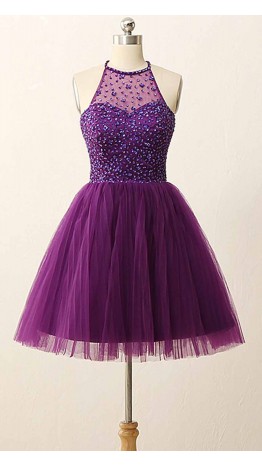 Purple Halter Beaded Short Graduation Prom Dresses KSP454