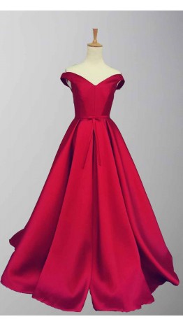Red Satin Off Shoulder Full Length Prom Gowns KSP456
