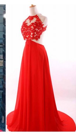 Red Lace Halter Open Back Prom Dresses Long KSP466