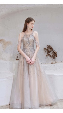 Embellished Halter Straps Long Prom Dresses With Sleeves KSP594