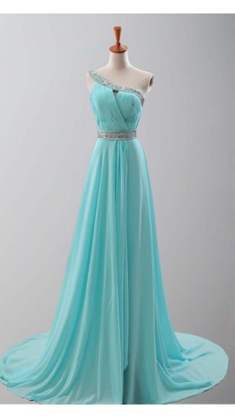 Goddess Teal Train One Shoulder Prom Dresses KSP251