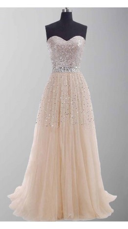 Champagne Sequin Sweetheart Long Prom Gowns KSP254