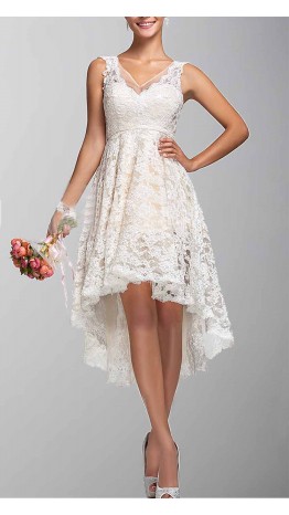 Ivory Lace V-neck High Low Bridesmaid Dresses KSP256